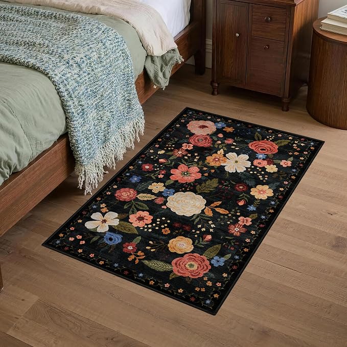 2x3 Washable Area Rug for Entryway Vintage Boho Floral Rug Non-Slip Low Pile Soft Faux Wool Small Carpet Kids and Pets Friendly for Bathroom Bedroom Kitchen Hallway Bedside Home Decor Rug Black Green