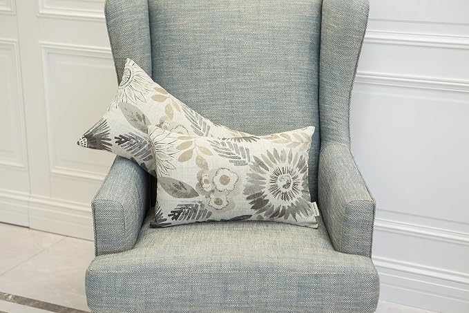 Mika Home Pack of 2 Decorative Oblong Rectangular Throw Pillow Cover Cushion Cases for Chair,Sunflower Pattern,12x20 Inches, Grey Cream