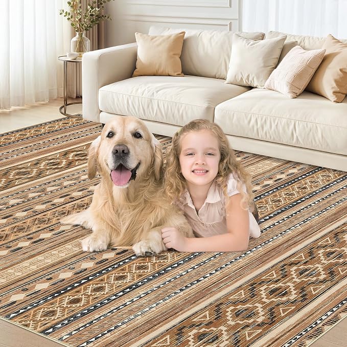cotiled 7x9 Area Rugs Living Room Rug: Washable Boho Rugs with Non Slip Backing Large Soft Indoor Stain Resistant Carpet for Bedroom Farmhouse Dining Room Lightweight Home Decor Brown/Beige