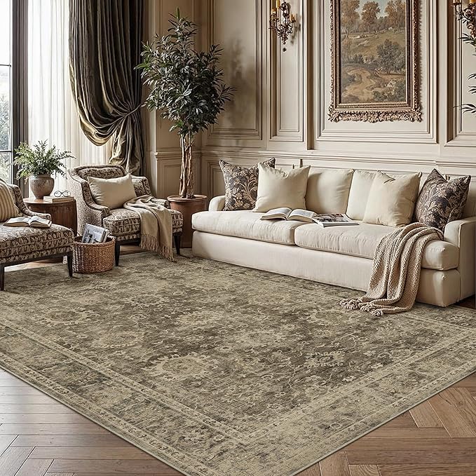 8x10 Washable Area Rug for Living Room Bedroom Brown Vintage Large Distressed Rustic Low Pile Carpet Non-Slip Soft Throw Rug for Indoor Dining Room