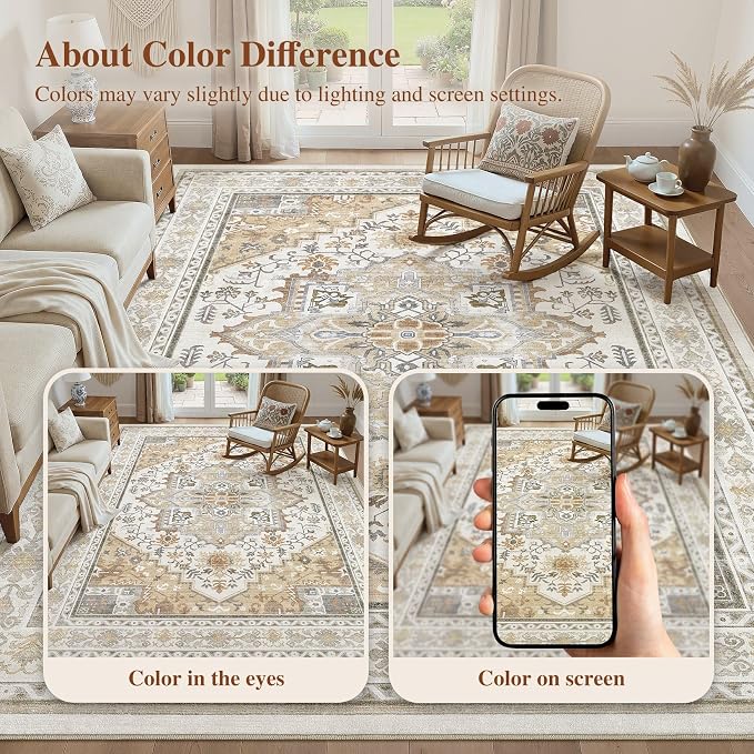 UERMEI 10x12 Area Rug for Living Room - Washable Vintage Carpet, Non-Slip Soft Large Indoor Floor Rugs for Bedroom Home Office & Under Dining Table Decor, Brown Beige