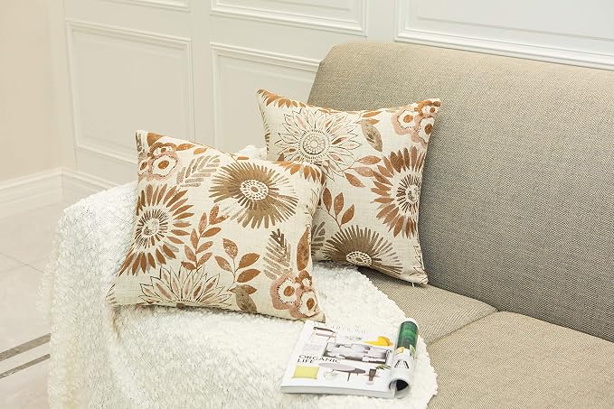 Mika Home Pack of 2 Throw Pillow Covers Decorative Pillow Cases for Sofa Couch Bed,Sunflower Pattern,22x22 Inches,Brown Cream