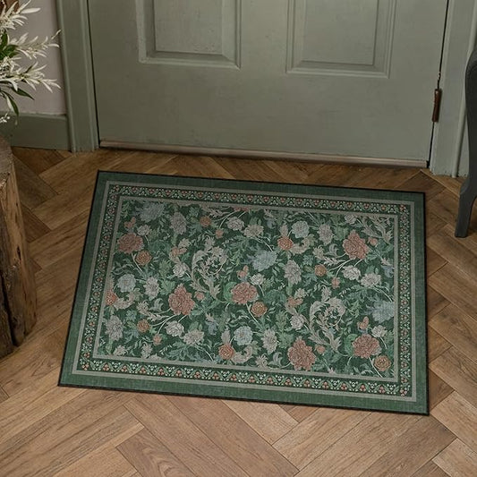 HUGEAR Retro 2x3 Area Rugs Washable Small Entryway Rugs Door Mat Vintage Floral Throw Carpet Green Stain Resistant Non Slip Low Pile for Home Aesthetic Modern Decor