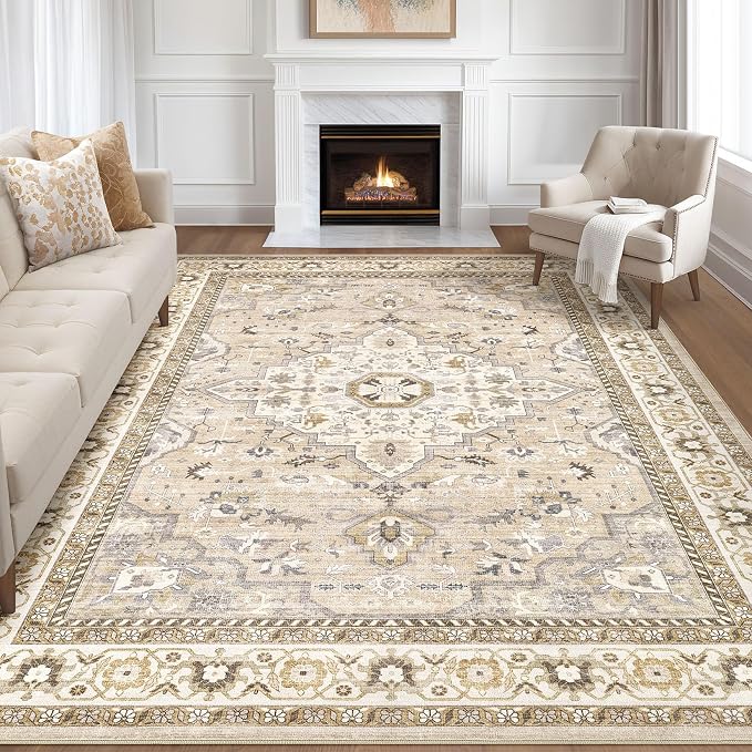 9x12 Area Rug Living Room: Washable Boho Large Neutral Vintage Soft Rug Stain Resistant Farmhouse Non-Slip Indoor Floor Carpet for Bedroom Nursery Kids Playroom Office Dining Room- Beige Grey