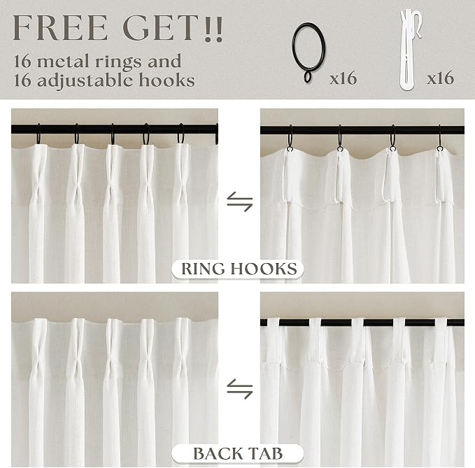 Beige White Pinch Pleated Linen Curtains 132 Inches Long 2 Panels for Living Room Bedroom Memory Training Shaped Semi Sheer Pleat Drapes with Hooks Rings Light Filtering Window Curtain 40x132
