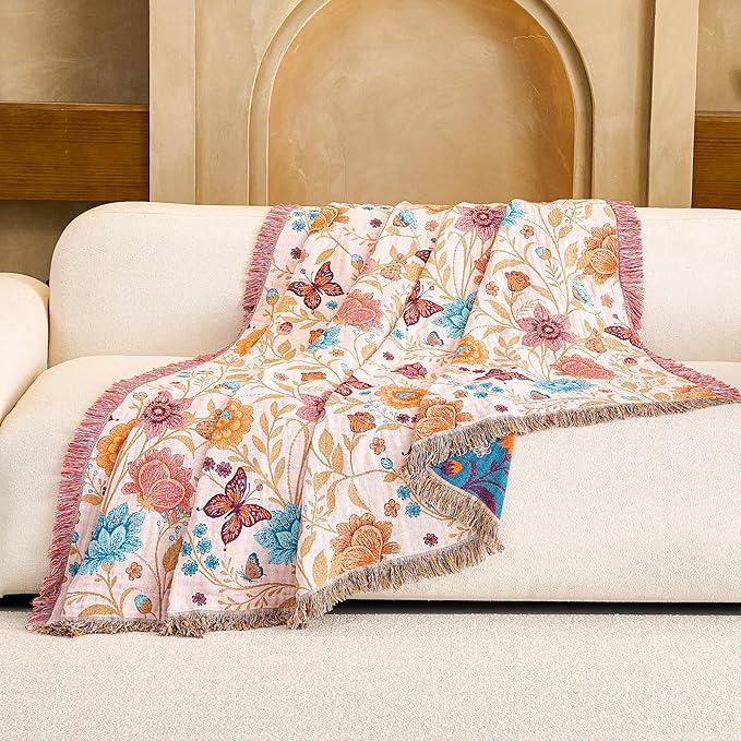 VANJOROY Boho Throw Blanket, 100% Organic Cotton Breathable Ultra Soft 91" x 98" Bed Quilt Throw - All Season Floral Rustic Farmhouse Decor Luxury Reversible Blanket for Sofa Couch Chair and Gift
