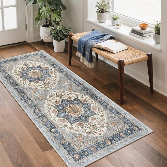 GENIMO Runner Rug 2x5 Non Slip Machine Washable Hallway Runner Rug, Low Pile Lightweight Rugs for Entryway, Hallway, Kitchen and Corridor, Vintage Blue Medallion