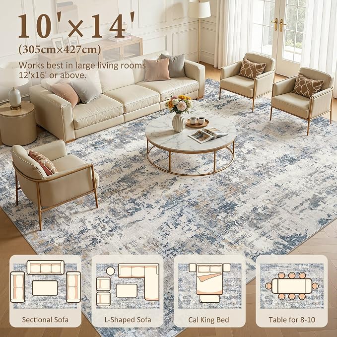 10x14 Area Rug Living Room Rugs: Washable Large Soft Abstract Modern Neutral Rug Stain Resistant & Non-Slip Low-Pile Carpet for Bedroom Dining Nursery Home Office Room Decor - Grey Blue