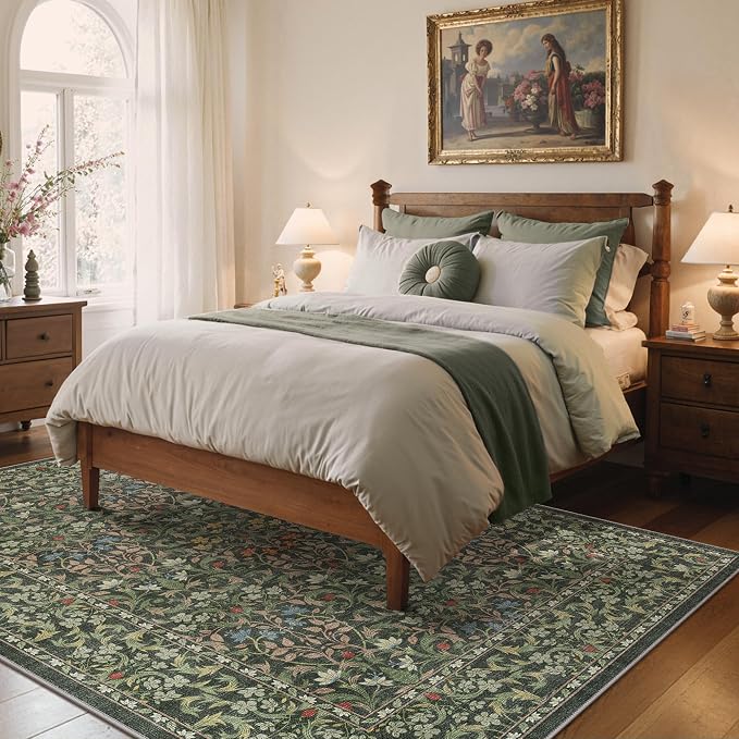 GENIMO 4x6 Washable Area Rug for Bedroom, Non Slip, Emerald Green | Vintage Boho Floral Low Pile Thin Carpet for Bedroom, Dining Room, Nursery, Indoor Decor