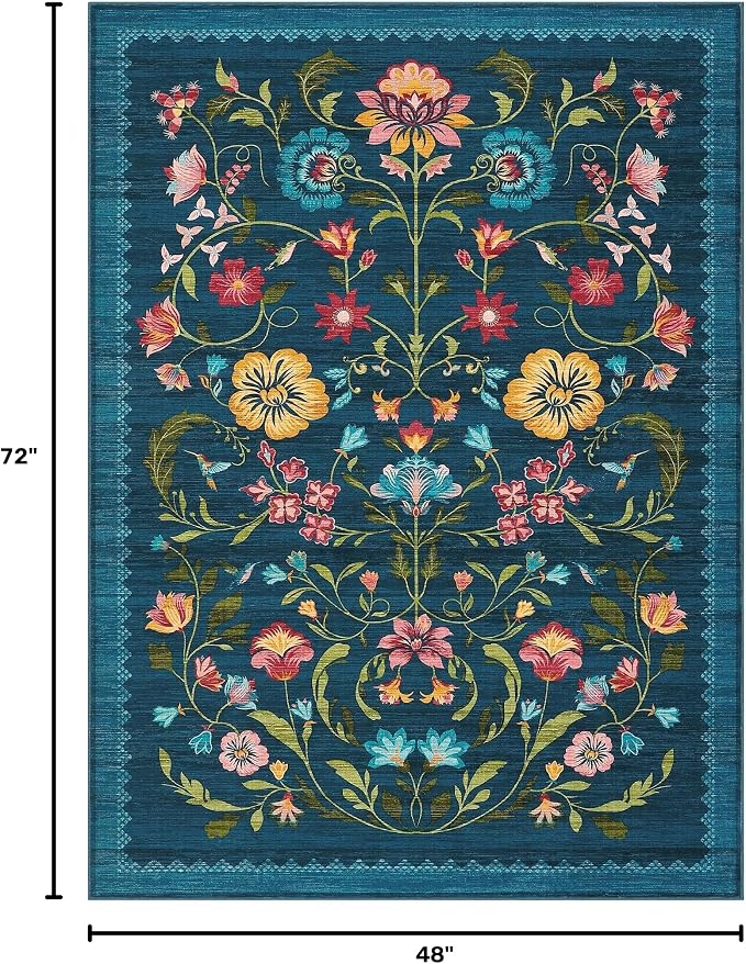 GarveeHome Washable Rug 4x6 Area Rugs for Living Room, Floral Rug for Bedroom, Soft Boho Non Slip Throw Rugs with Rubber Back, Low Pile Stain Resistant Vintage Floral Carpet for Dining Room, Blue
