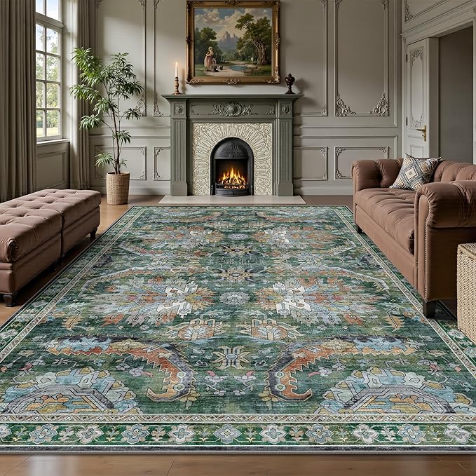 5x7 Area Rugs, Vintage Retro Soft Washable Rug, Non-Slip Low Pile Rugs for Living Room, Bedroom, Dining Room, Stain Resistant Home Decor Rug (Green)