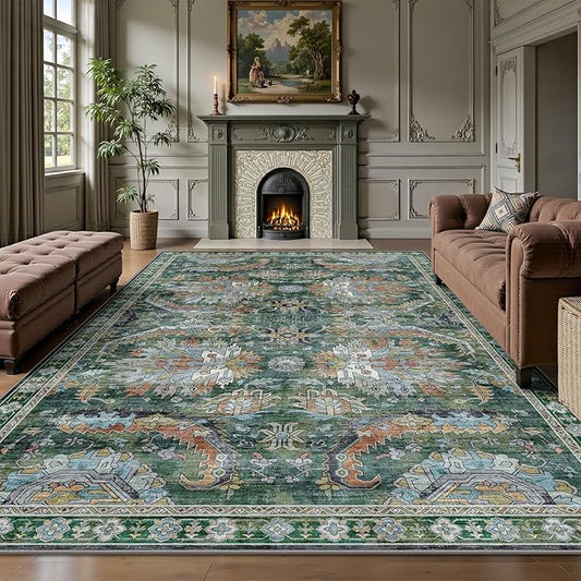 Washable Rug 6x9, Vintage Retro Soft Area Rug, Non-Slip Low Pile Rugs for Living Room, Bedroom, Dining Room, Stain Resistant Home Decor Rug (Green)
