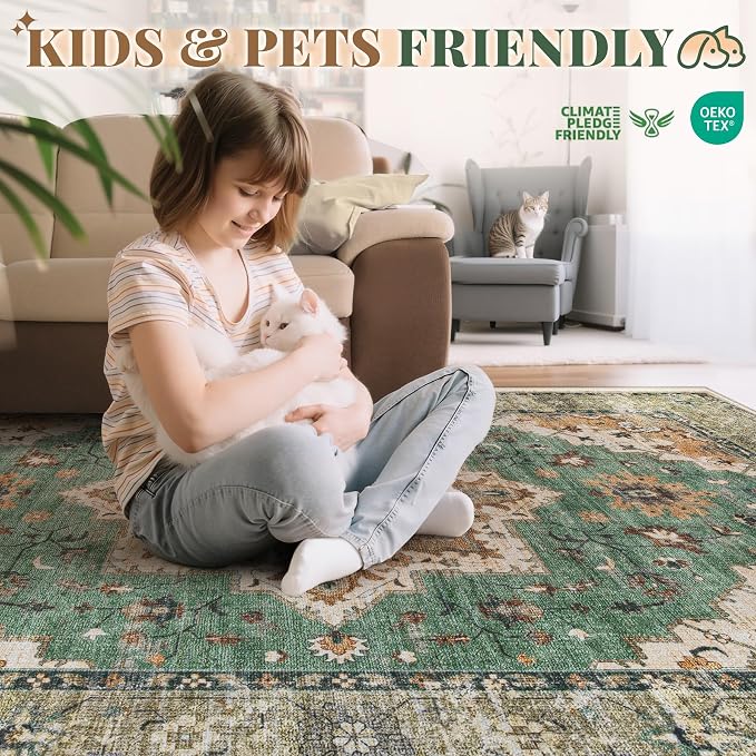 Area Rug 5x7 Vintage Rug: Washable Indoor Medallion Rugs Low Pile Distressed Floor Carpet Retro Accent Rug for Living Room Bedroom Kitchen Dining Table Home Office(Brown Green, 5'x7')