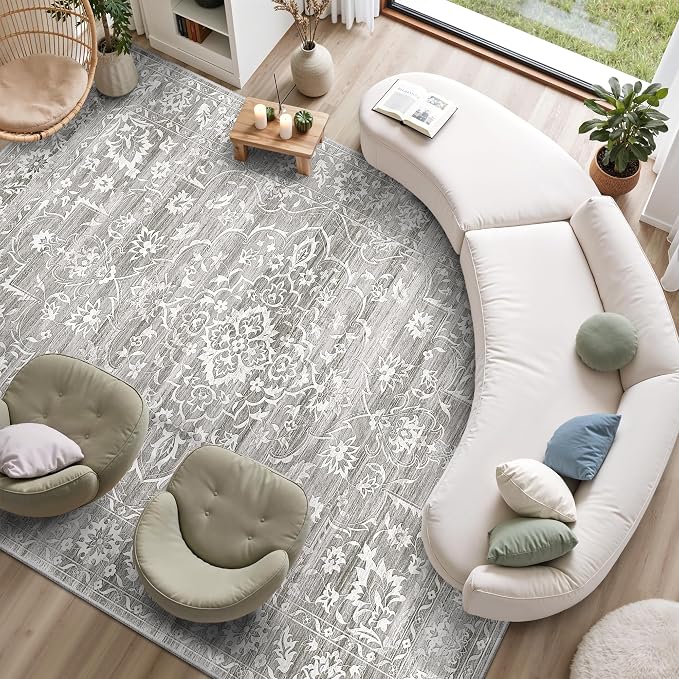 Soalmost Living Room 10x14 Area Rugs, Washable Soft Neutral Rugs Grey | Low Pile Non-Slip Stain Resistant Extra Large Thin Rug, Vintage Throw Carpet for Dining Room Bedroom Farmhouse Home Office