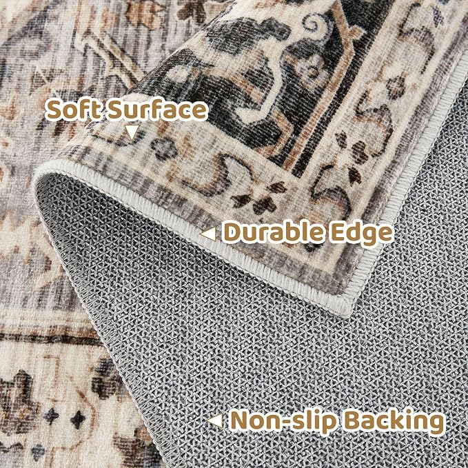 Area Rug for Living Room - 8x8 Soft Machine Washable Oriental Vintage Floral Distressed Large Indoor Floor Carpet for Bedroom Under Dining Table Home Office Decor - Brown