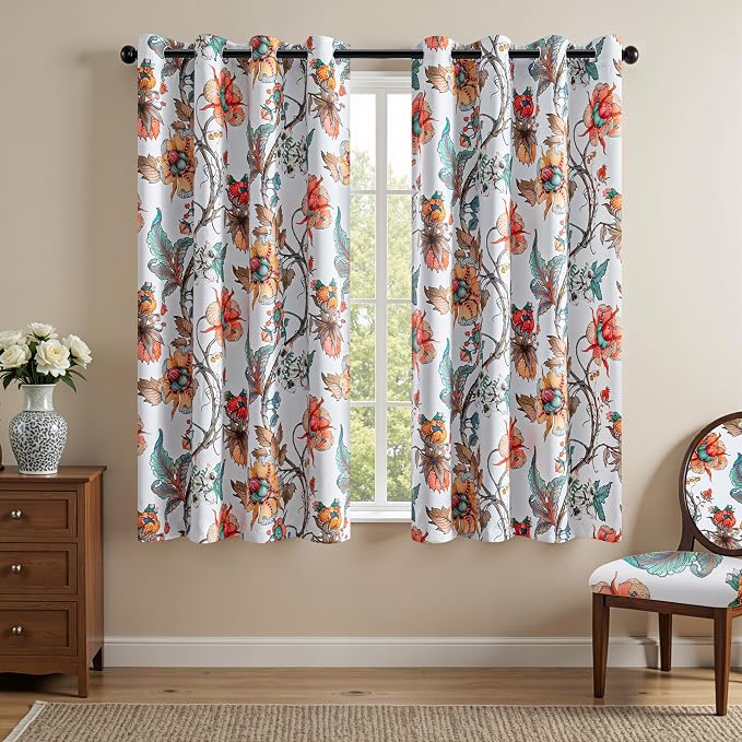 MYSKY HOME Floral Blackout Bedroom Curtains 54 inches Long for Small Window Botanical Thermal Insulated Light Blocking Grommet Country Window Panels for Home, 2 Pcs, Greyish White, 52" Wide