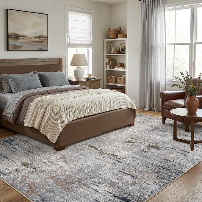 DMOYEST Area Rug Living Room Rugs - 5x7 Washable Large Soft Indoor Neutral Modern Abstract Low Pile Rug Carpet for Bedroom Dining Room Farmhouse Home Office - Blue/Grey/Brown