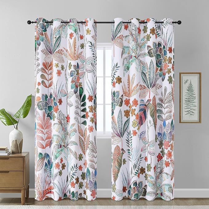 Estelar Textiler Maple Leaves Room Darkening Boho Curtains 84 inch Length 2 Panels Set for Living Room, Watercolor Leaf Pattern Design Grommet Window Floral Drapes for Bedroom, 52Wx84L
