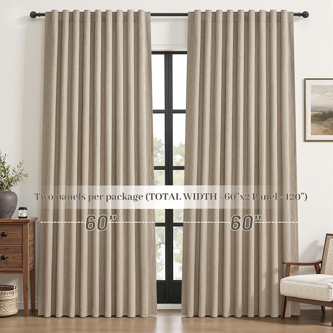Blackout Curtains 60 Inches Extra Wide Grey Beige Linen Curtains 90 Inch Length for Living Room, Pleated Farmhouse Bedroom Thermal Drapes for Winter Large Window Energy Efficient(60"W x 90"L 2 Panels)