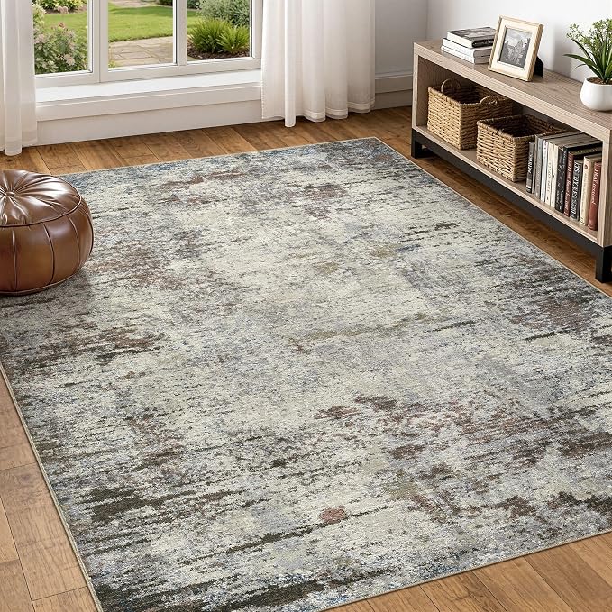 DMOYEST Area Rug Living Room Rugs - 5x7 Washable Large Soft Indoor Neutral Modern Abstract Low Pile Rug Carpet for Bedroom Dining Room Farmhouse Home Office - Brown Rust