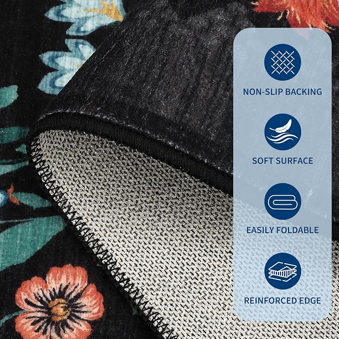 GarveeHome Washable Rug 9x12 Area Rugs for Living Room, Floral Rug for Bedroom, Soft Vintage Non Slip Throw Rugs with Rubber Back, Low Pile Stain Resistant Boho Floral Carpet for Dining Room, Black
