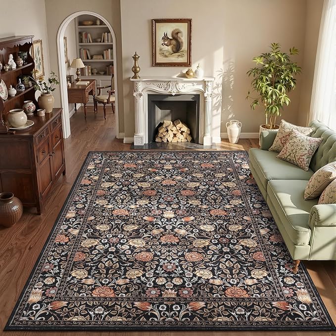 GarveeHome Brown Vintage Floral Washable 6x9 Area Rugs for Living Room Black Boho Botanical Retro Rug Low Pile Non Slip Carpet for Bedroom Nursery Dining Room