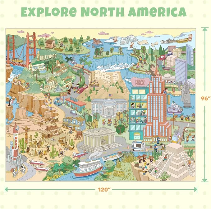 Patriotic Large 8x10 Kids Playroom Rug – North America Geography Carpet with Landmarks, Wildlife & U.S. Presidents – Giant Educational Area Rug for Homeschool, Daycare, Classroom, or Pretend Play Area