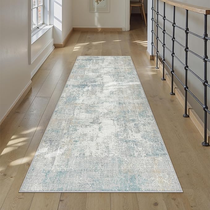2x6 Washable Runner Rug Blue Cream Abstract Non Slip Soft Low Pile Hallway Kitchen Rug Neutral Modern Carpet for Laundry Bathroom Bedroom Living Room Home Decor