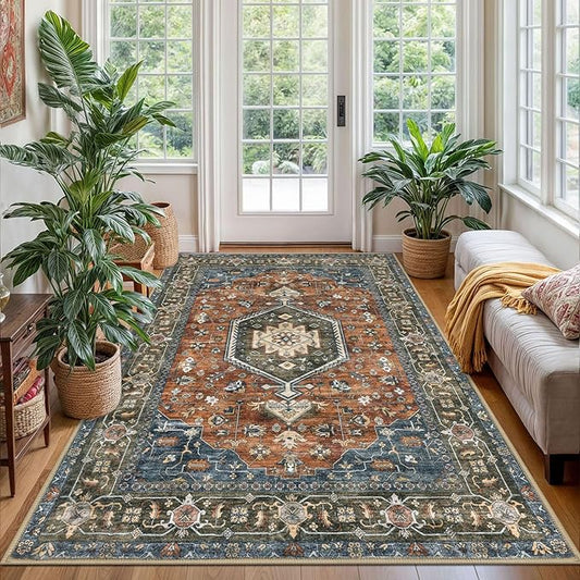 KUTA Area Rug 4x6 Living Room, Washable Rugs Vintage Tribal Brick Red, Non-Slip Dining Room Carpet, Extra Soft Low Pile Printed Traditional Medallion Cozy Throw for Bedroom