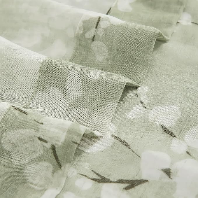 FMFUNCTEX Linen Sheer Curtains for Bedroom, Sage Green Blossom Print Curtains 96 Inches Long for Living Room,Floral Patterned Farmhouse Curtain Light Filtering Window Drapes 2 Panels, Rod Pocket