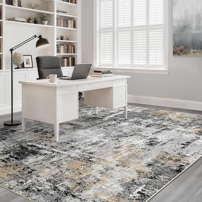 5x7 Area Rugs Living Room: Washable Large Abstract Neutral Modern Soft Rug Stain Resistant Indoor Floor Non-Slip Accent Carpet for Bedroom Nursery Playroom Dining Room Office Dorm Home- Black Gold
