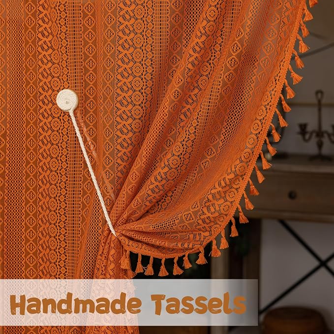Sutuo Home Terracotta Boho Doorway Curtains for Front Door Closet,Lace Sheer Door Curtains for Doorway Crochet Vintage Chic Tassels Orange Bohemian Privacy Temporary Room Divider Rod Pocket,37" x 80"