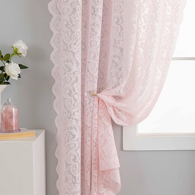 ALIGOGO Pink Kitchen Curtains 45 Inch Length 2 Panels | Short Lace Cafe Curtains, Semi-Sheer, for Dorm Closet, Girly Kids Bedroom, Light Filtering&Privacy, 52W x 45L Inch