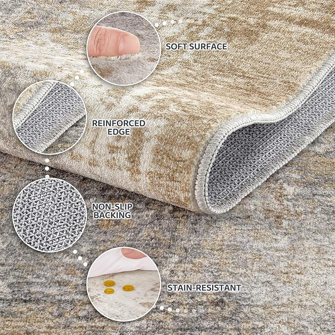 DMOYEST Area Rug Living Room Rugs - 7x9 Washable Large Soft Indoor Neutral Modern Abstract Low Pile Rug Carpet for Bedroom Dining Room Farmhouse Home Office - Brown Grey