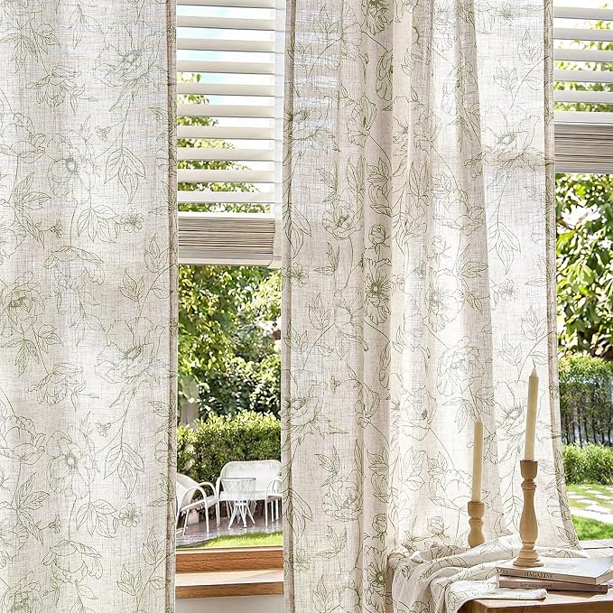 jinchan Floral Linen Curtains for Living Room 96 Inch Length Green Flower Curtain Rod Pocket Back Tab Farmhouse Curtains with Printed Floral Bedroom Window Curtain Set, 2 Panels Green