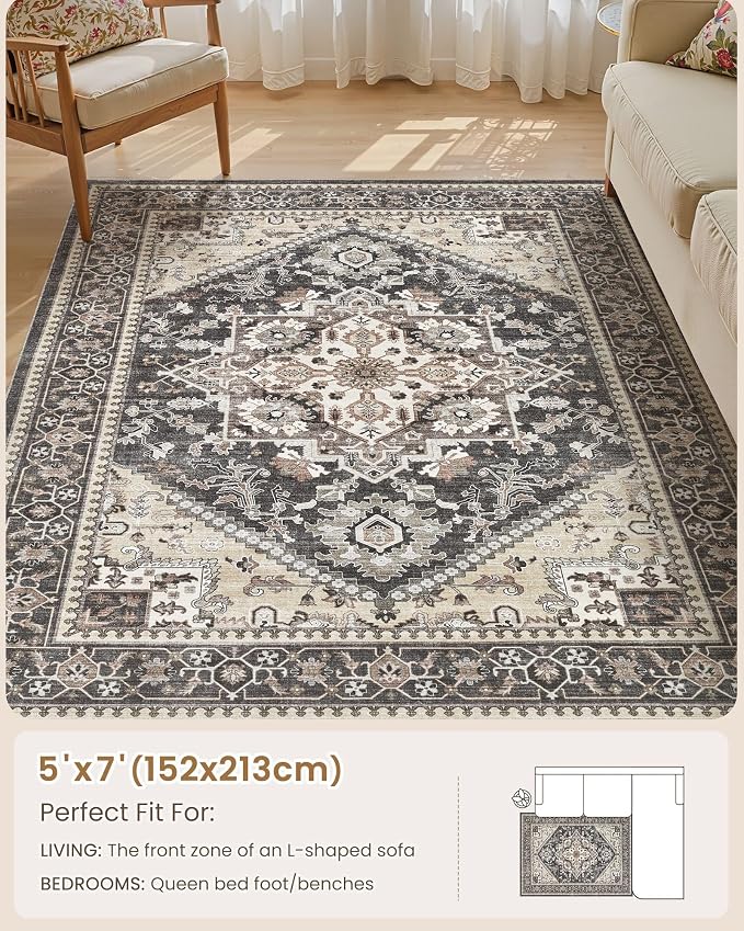 5x7 Vintage Area Rug: Washable Neutral Soft Non Slip Thin Large Floor Carpet for Living Room Bedroom Kitchen Dining Room Home Office Farmhouse Indoor - Black