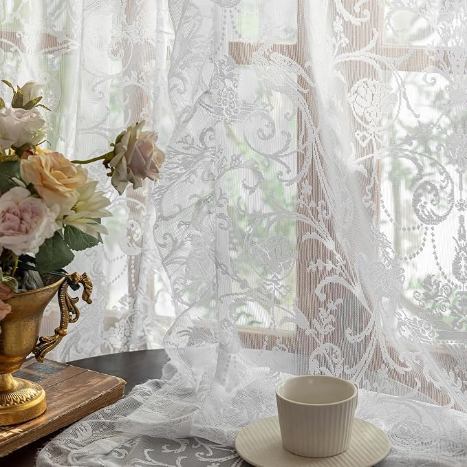 TUDECO White Lace Curtains 63 Inch Length - Victorian Sheer Voile Floral Curtains for Bedroom Nursery Elegant Ruffle Privacy Light Filtering 2 Panels Rod Pocket Window Decor, 59 x 63 Inch