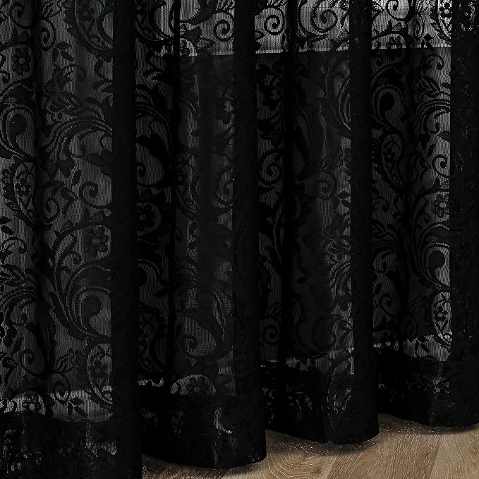 Bujasso Black Sheer Lace Curtains 90 inch Vintage Floral Sheer Window Curtain Panels for Living Room Bedroom Luxury Light Filtering Drapes Black Window Treatment Sets Grommet Top 2 Panels 54" Wx90 L