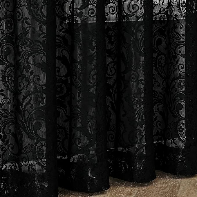 Bujasso Black Lace Pinch Pleat Curtains 63 inch,Gothic Vintage Floral Sheer Drapes with Hooks & Rings, Baroque Damask Scalloped Edge Light Filtering Window Panels for Bedroom Living Room, 40"Wx63"Lx2