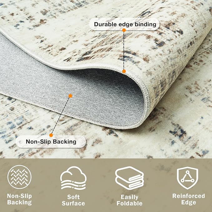 8x10 Area Rugs for Living Room Washable Rug: Anti-Skid Abstract Modern Living Room Rug Soft Thin Carpets Indoor Floor Non-Shedding Carpet for Bedroom Dining Farmhouse Nursery Gray White Blue
