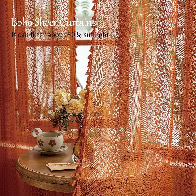 Sutuo Home Boho Sheer Curtains 63 Inch Length for Kitchen Nursery, Lace Curtains Burnt Orange Crochet Vintage Country Tassels Bohemian Privacy Rustic Geometry Rod Pocket, 2 Panels 50" x 63" Terracotta