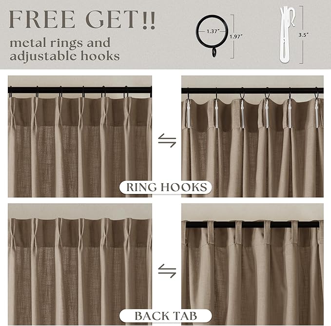 TWODRAPES Pinch Pleated Neutral Linen Curtains 2 Panels Set Living Room Dining Pinch Pleat Back Tab Light Filtering Farmhouse Boho Retro Window Curtain Drapes 84 Inch Length Latte Tan Brown