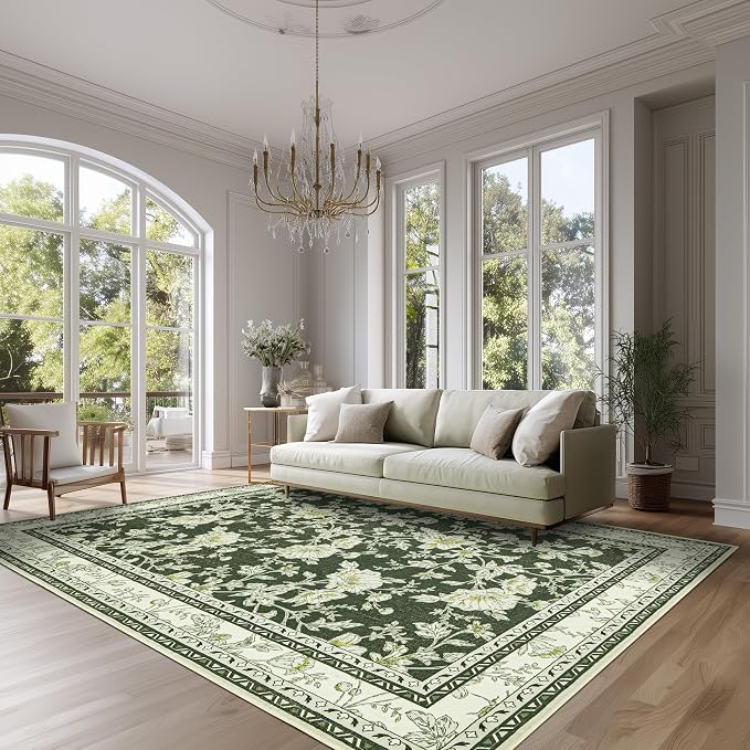Olive Green Floral 5x7 Area Rug Vintage Boho Washable Printed Rug for Living Room Non-Slip Soft Bedroom Cottagecore Farmhouse Carpet for Dining Room Nursery Dark Green and Cream Beige Sketch Style