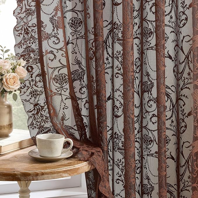 TUDECO Lace Brown Kitchen Curtains 45 Inch Long for Small Window, 2 Panels | Rustic Antique, Sheer Floral Pattern, Short Cafe Curtains, Ruffle Edges, Light Filtering & Privacy, 59W x 45L Inch