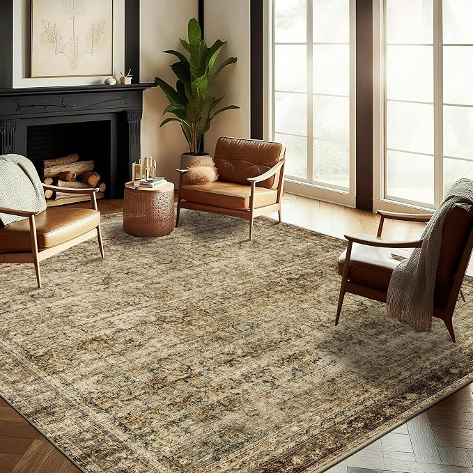 CHAMPLANT Area Rug 10x14 Washable Brown Vintage Traditional Mat Distressed Indoor Foldable Thin Retro Accent Floral Non Slip Carpet for Living Room Dining Room Office