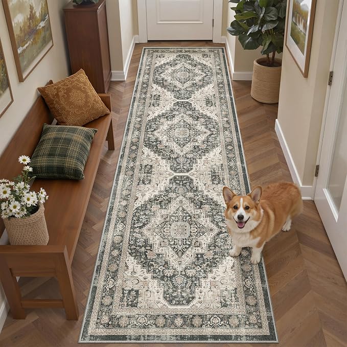 Roxstand Washable 2.6x8 Hallway Runner Rug, Black/Beige | Low-Pile Carpet, Non-slip Backing,8ft Runner, Stain Resistant, Runner for Kitchen, Laundry Room, Entryway, Vintage Design