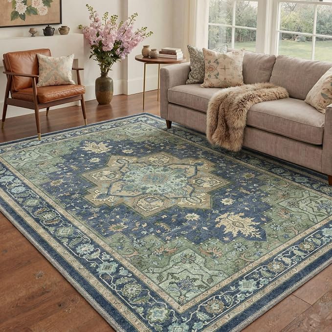 GENIMO Area Rug 2x3 Doormat, Machine Washable Low Pile Rugs, Small Retro Entryway Mat for Entrance, Hallway, Kitchen and Corridor, Green & Navy