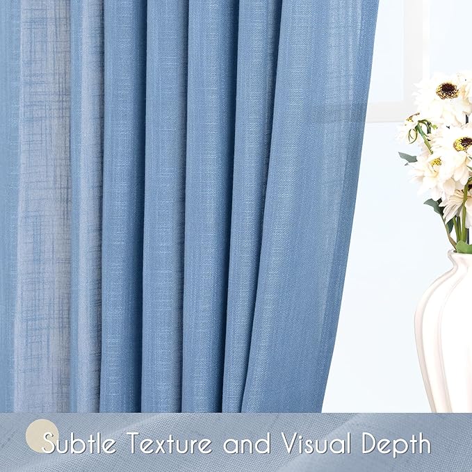 Denim Blue Curtains for Living Room Back Tab Modern Farmhouse Semi Sheer Blue Curtains 72 inches Long 2 Panels Set Muted Neutral Window Curtain for Dining Room Bedroom 52x72