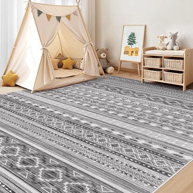 cotiled 7x9 Area Rugs Living Room Rug: Washable Boho Rugs with Non Slip Backing Large Soft Indoor Stain Resistant Carpet for Bedroom Farmhouse Dining Room Lightweight Home Decor Beige Grey