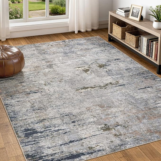 DMOYEST Area Rug Living Room Rugs - 5x7 Washable Large Soft Indoor Neutral Modern Abstract Low Pile Rug Carpet for Bedroom Dining Room Farmhouse Home Office - Blue/Grey/Brown